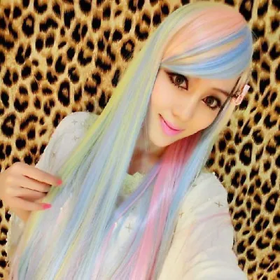 New Fashion Cosplay Harajuku Lolita Long Straight Hair Gradient Rainbow Cos Wig • $19.99