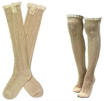 $5.50 • Buy Crochet Ruffle Button Over The Knee Women Boutique Socks One Size Fits Most~ NIP