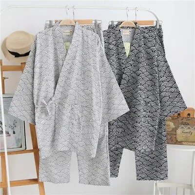 Japanese Traditional Pajamas Wave Print V-neck Loose Style Cotton Sleepwear • $30.98