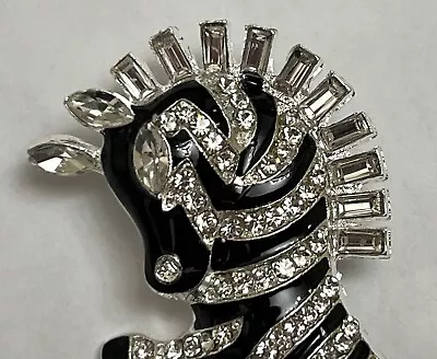 Zebra Horse Crystal ALL Glass Clear Rhinestone Brooch Pin Vintage Black Enamel • $13.49