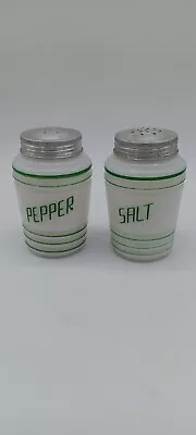 Vintage Hazel Atlas Milk Glass Salt/pepper Shakers With Green Stripes And Letter • $24.99