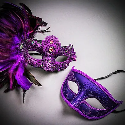 Purple Venetian Women Feather Party Mask Masquerade & Phantom Men Mask Couple • $7.99