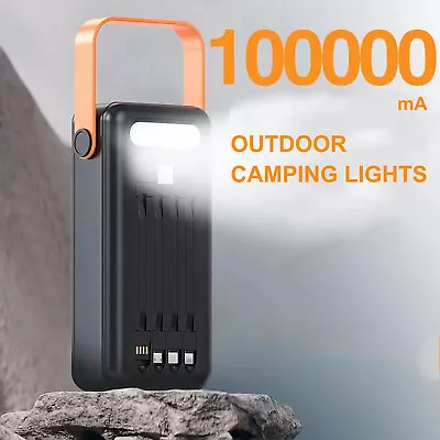 $105.59 • Buy Portable 100000mAh Solar Power Bank Fast Charger LED Lamp W/ 4 Built-in Cables