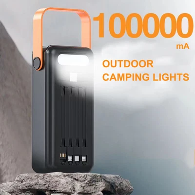 $99.25 • Buy Portable 100000mAh Solar Power Bank Fast Charger LED Lamp W/ 4 Built-in Cables