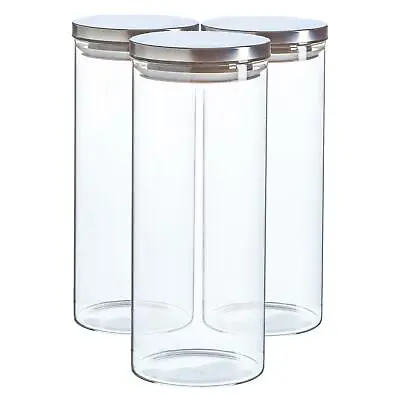 £15.99 • Buy 3x Glass Storage Jars With Metal Lids Modern Kitchen Food Storage 1.5 L Silver