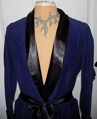 Vintage Navy Blue Corduroy Smoking Robe Black Satin Trim Sea Island C38 SMALL • $34.99