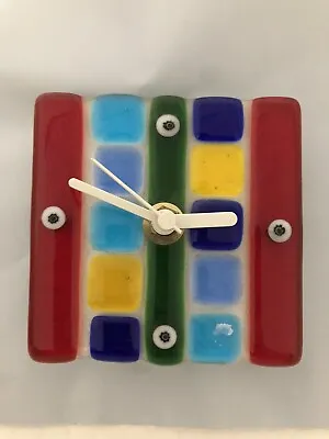 Art  MILLEFIORI Hand Blown Fused Glass Clock Square Plate Works • $60