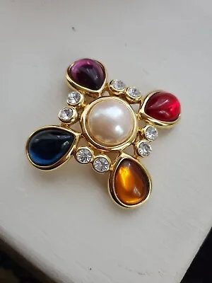 Vintage Joan Rivers Glass Rhinestone Cabochon Maltese Cross Brooch Pin • $99.99