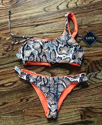 Zaful One Shoulder Asymmetrical Snake Skin/Mango Orange Reversible Bikini NWT • $22