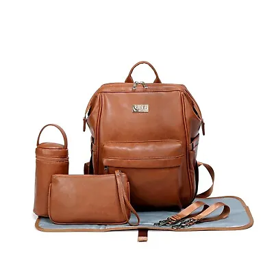 ELF PHOENIX Nappy Bag Backpack Faux Leather Brown 5pcs Diaper Baby Mummy Gift • $149.99