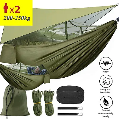 Camping Hammock With Mosquito Net And Tent Tarp Shelter Rain Fly + Tree Straps • £13.15