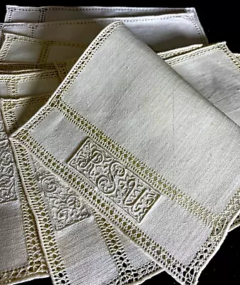 12 Vintage Antique Estate Linen Cocktail Napkins With Openwork & Monogram  VV942 • $145