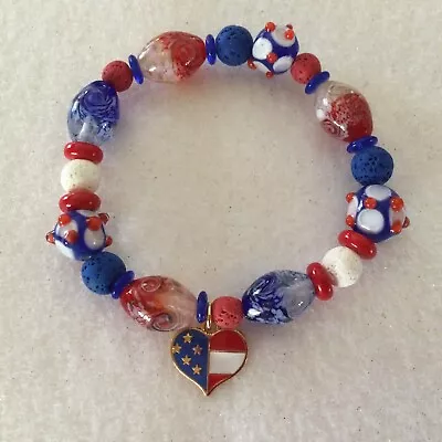 Red White & Blue LampWork Glass/Lava Stone 4th Of July Patriotic Charm Bracelet • $26.66