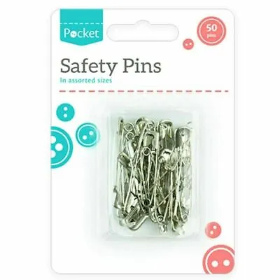 Assorted Size Safety Pins 50PC Nickel Coated Steel Craft Sewing Stitching • £1.99