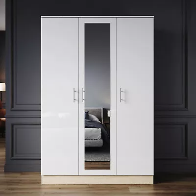 High Gloss 3 Door Triple Mirrored Wardrobe White&Oak With Hanging Rail & Shelves • £220.98