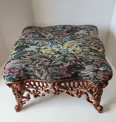 Attractive Vintage Victorian Padded Fabric Footstool With Cast Iron Base • $74.99
