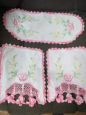   Arm Chair - Centerpiece Embroidered Linens - Set Of 3 - Pink Pansy   - Vintage • $12.89