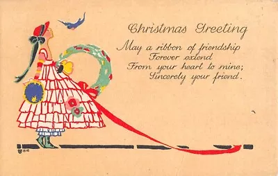 VOLLAND ARTS & CRAFTS CHRISTMAS POSTCARD ~ WOMAN IN R & W DRESS ~ Used C 1910s • $10.99