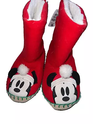 Disney Store Christmas Mickey Mouse Holiday Soft Slippers Lined Boys 2/3 Rubber • £24.12