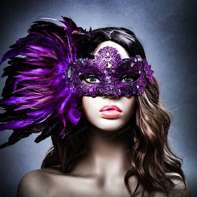 Purple Side Feather Venice Carnival Masquerade Venetian Mardi Gras Women Mask • $24.90