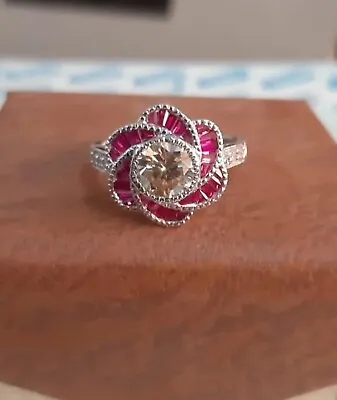 Art Deco Round Cut Lab Created Diamond & Ruby Wedding 14K White Gold Filled Ring • $77