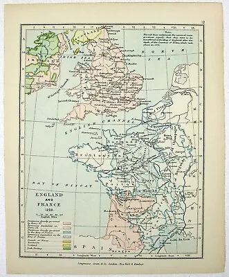 Vintage Longmans Map Of England & France In The Year 1259 • $14