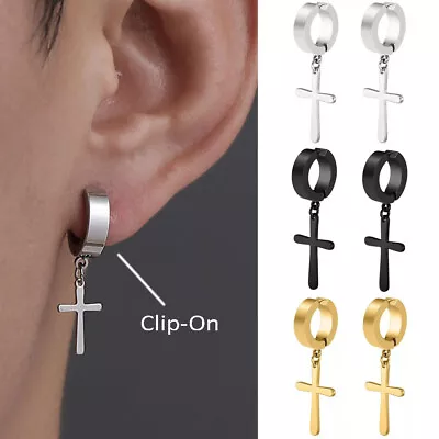 Clip-On 316L Surgical Steel Hoop Earrings Cross Dangle Non-Pierced Men Women New • £3.59