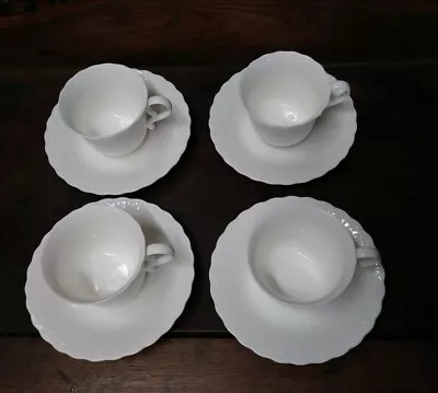 Set Of 4 Cup & Saucer Set White Silk By Mikasa Embossed Floral And Scroll • $34