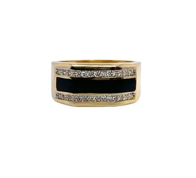 14K Solid Yellow Gold Men’s Onyx Band Ring 9.2 Grams 11 Mm Wide • £626.73
