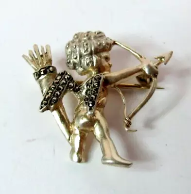 Vintage Ladies 925 Sterling Silver & Marcasite Cupid Angel Pin Brooch • $29.95