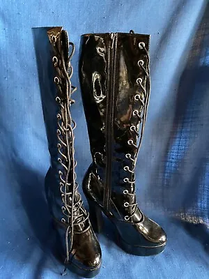 Retired Hot Topic Black Lace Up Platform Boots ELEKTRA Sexy Knee High Vinyl SZ 8 • $99.99