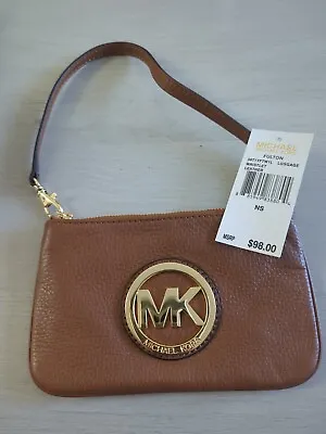 Michael Kors Fulton Luggage Leather Wristlet Mini Clutch GOLD LOGO Brown 7” NEW • $54.18