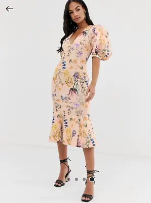 $60 • Buy ASOS Design Womens Botanical Floral Bubble Sleeve Seamed Midi Dress Size 10 BNWT