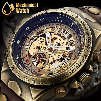Men's Luxury Automatic Mechanical Watch Leather Strap Retro Skeleton Wristwatch • $22.48
