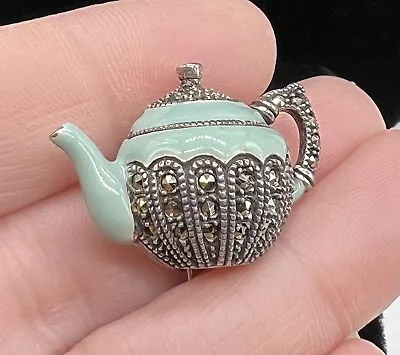 $6.50 • Buy Vintage Judith Jack Sterling Silver Marcasite & Blue Enamel Tea Pot  Brooch