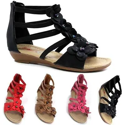 Girls Summer Sandals New Low Wedge Fancy Gladiator Dress Party Beach Shoes Size • £7.95