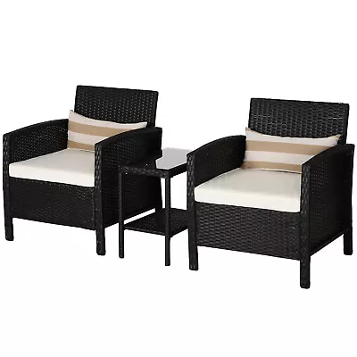  2-Seater PE Rattan Side Table & Armchair Bistro Set W/ Pillows Black • £190.95