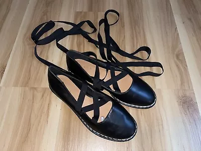 ZARA Black Faux Leather Ballet Flats With Lace Wrap Around Sz 38 • $30