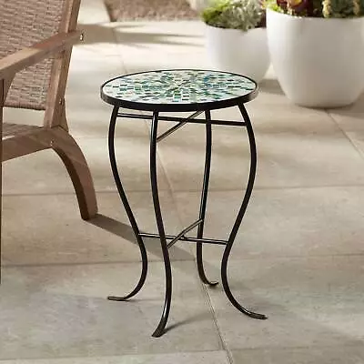 Modern Mosaic Black Round Outdoor Accent Table 14  Wide Aqua Blue Porch Patio • $74.99