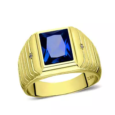 Mens Solid 18K Yellow Gold Blue Sapphire Ring 0.04ct Diamonds Fine Ring For Man • $1049