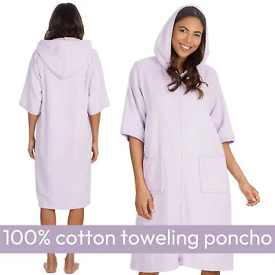 Womens Terry Toweling Hooded Gown 100% Cotton Zip Up Poncho Towel Robe UK 10-24 • £18.99