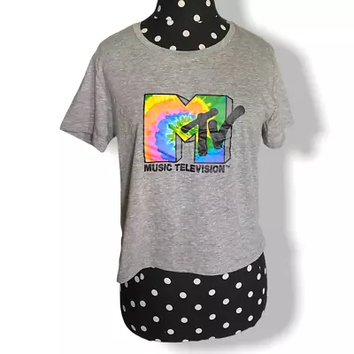 MTV Womens Tee Size Medium Gray Cropped Tie Dye Logo Shirt Top NEW • £19.30