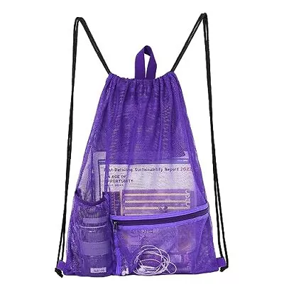 Heavy Duty Drawstring Mesh Bag Gym Backpack Sports String Bag With Purple • $14.16