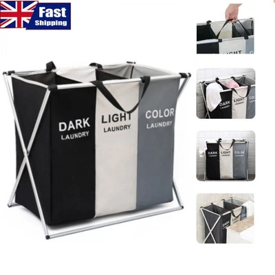 £12.99 • Buy Laundry Basket Hamper Clothes Bin Organiser Folding Light Dark Colour 3 Section