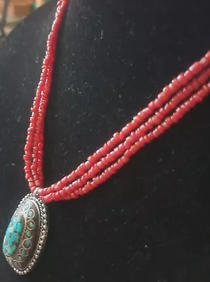 Vintage Navajo Sterling Silver Turquoise & Coral Necklace With Large Cross.Rare  • $350