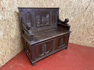 A Victorian Carved Oak Box Settle Monks Bench Free Delivery In Kent • £875