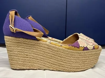 Tory Burch Sherri Size 10 Elodie Espadrille Wedge Sandals Heels Purple Floral • £38.61