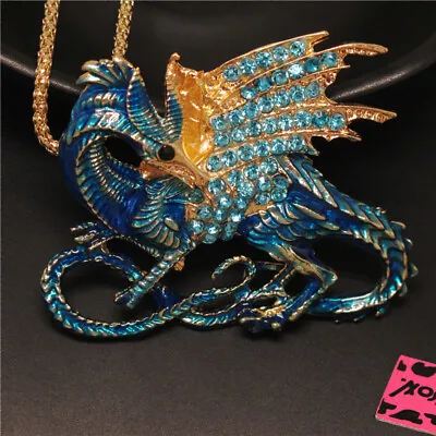 New Fashion Women Blue Rhinestone Magic Dragon Crystal Pendant Chain Necklace  • $3.95