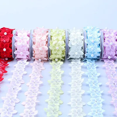 1 Roll Pearl Flower Trim Lace Embroidered Ribbon DIY Sewing Dress Clothing Trims • £1.91