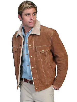Scully Leather Mens Boar Suede Sherpa Fleece Jean Jacket Cafe Brown • $183.99